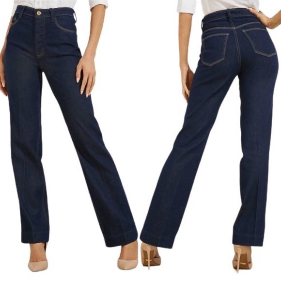 Guess 80's Straight High Rise Jeans in Refined Rinse Dark Indigo Wash Denim - Picture 1 of 16